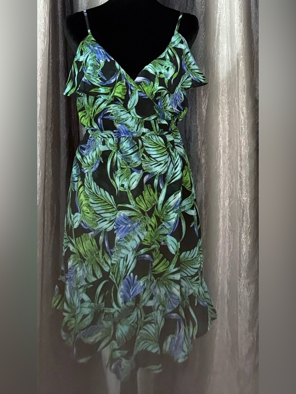 Japna Black Midi Dress with Green & Blue Leaf Print NWOT